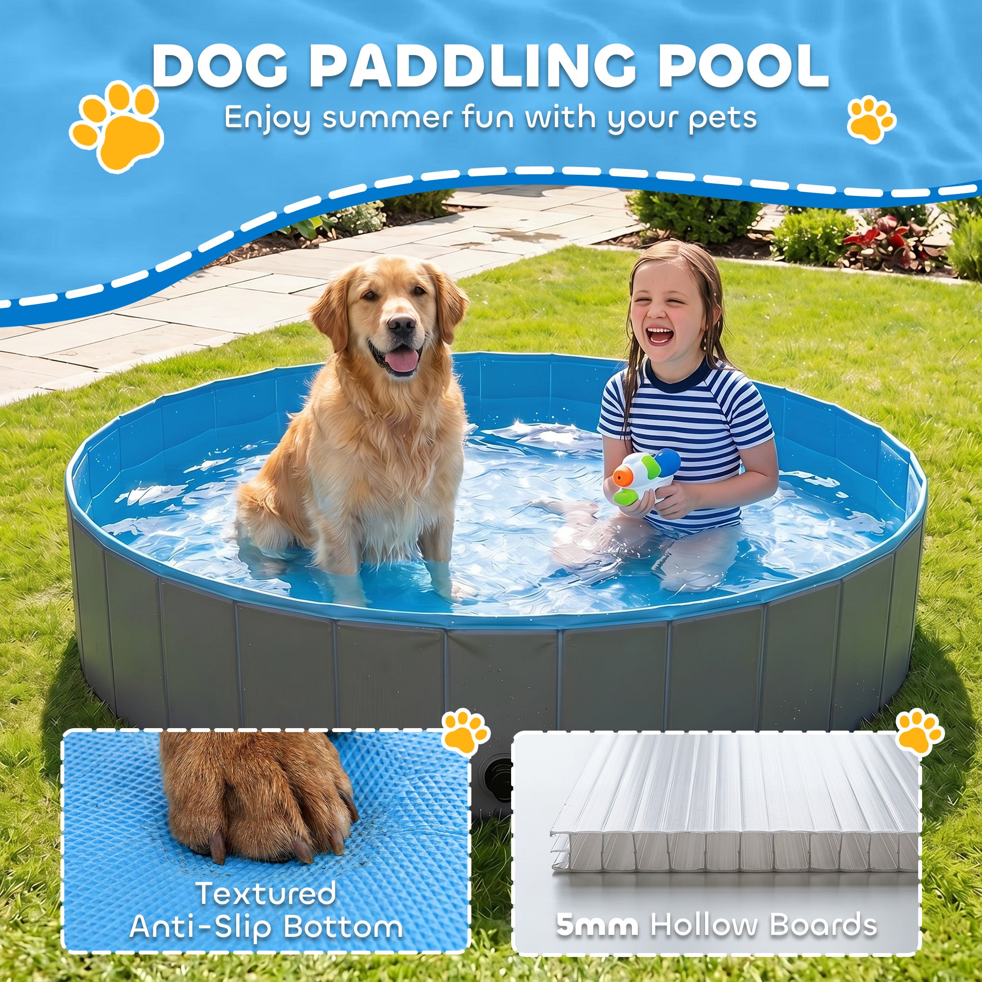 Foldable Dog Pool for Puppies and Ducks, Thickened PVC Dog Paddling Pool Bath Tub Hard Board, Anti-Slip Bottom and Hose Adapter for Easy Drainage, 140 x 30cm, Blue and Dark Grey