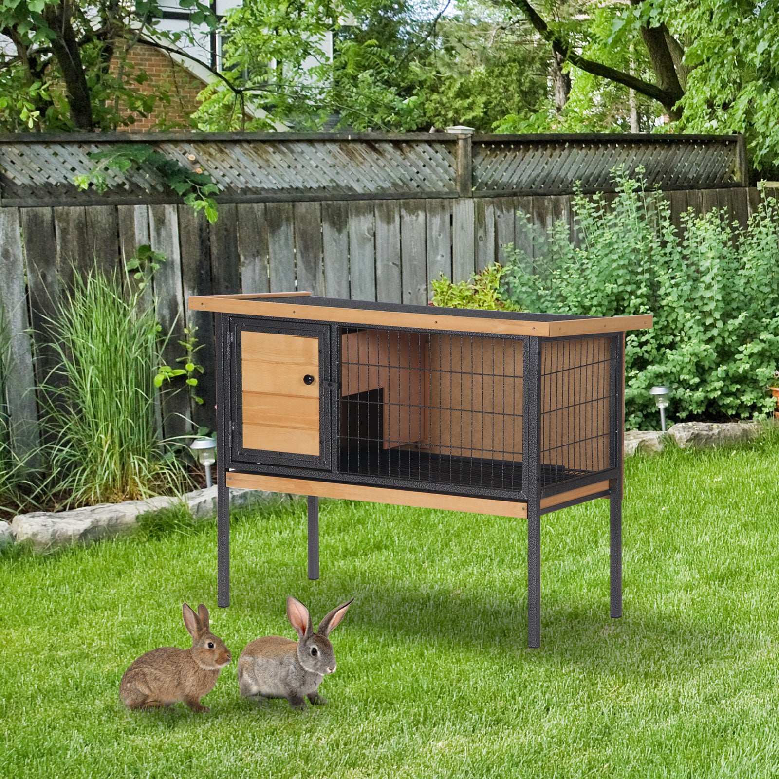 Rabbit Hutch, Wooden Bunny Cage Indoor Outdoor Bunny Hutch with Tray and Openable Water-Resistant Roof, Small Animal Cage for Rabbits, Chickens, Ducks, Yellow