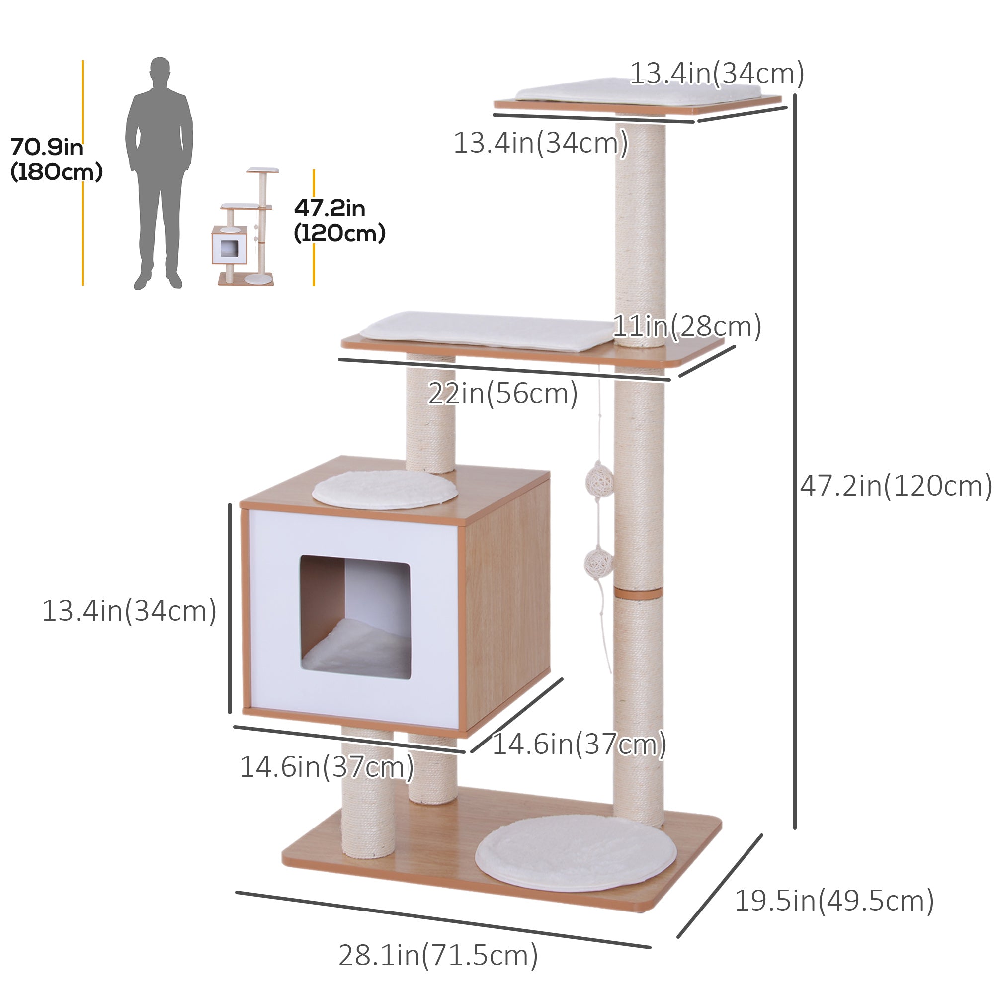 47" Wood Cat Tree, Cat Condo Tower with Scratching Post, Toy Ball, Natural Wood