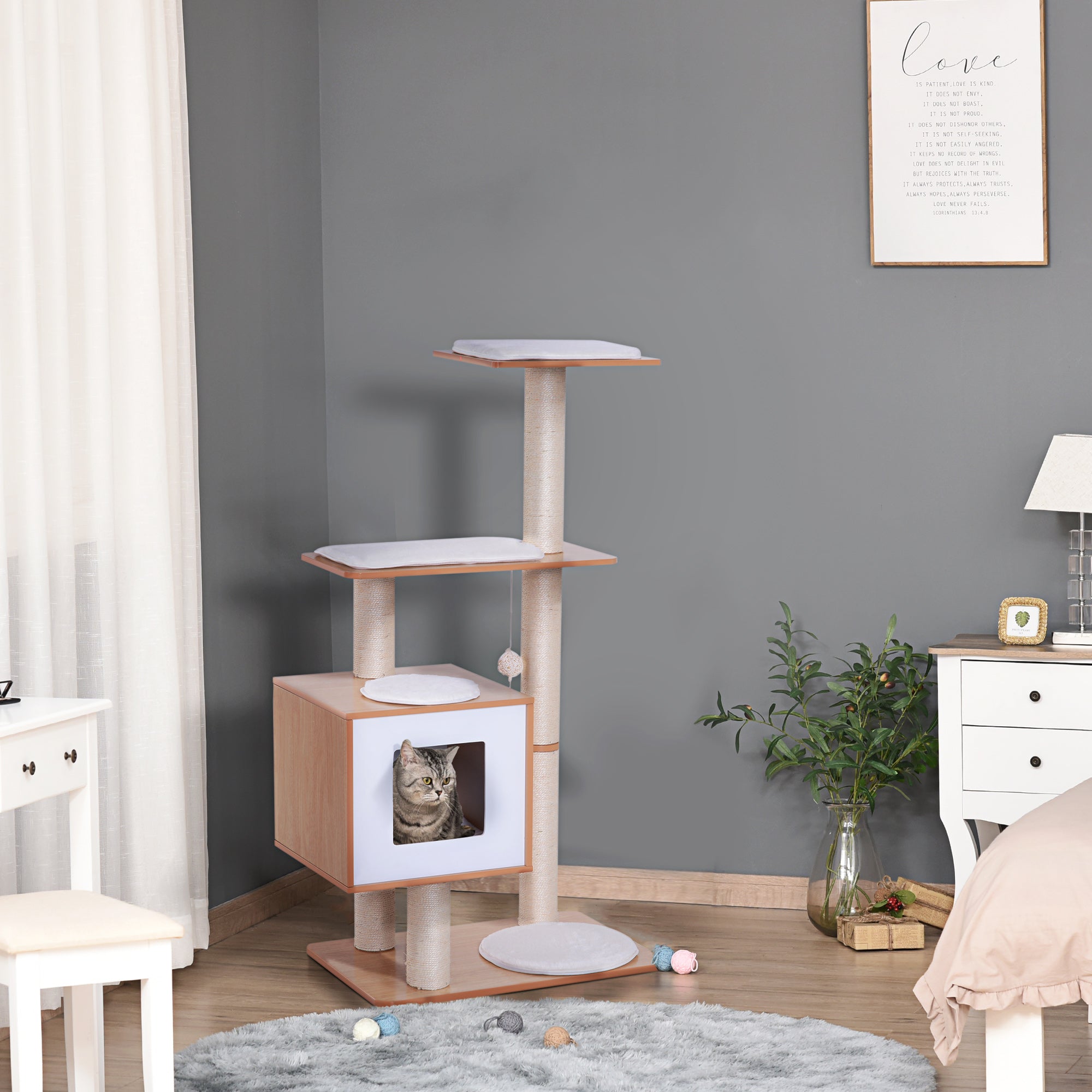 47" Wood Cat Tree, Cat Condo Tower with Scratching Post, Toy Ball, Natural Wood
