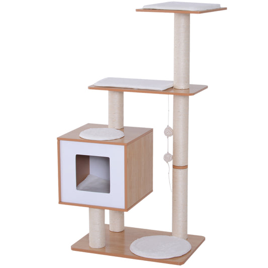 47" Wood Cat Tree, Cat Condo Tower with Scratching Post, Toy Ball, Natural Wood