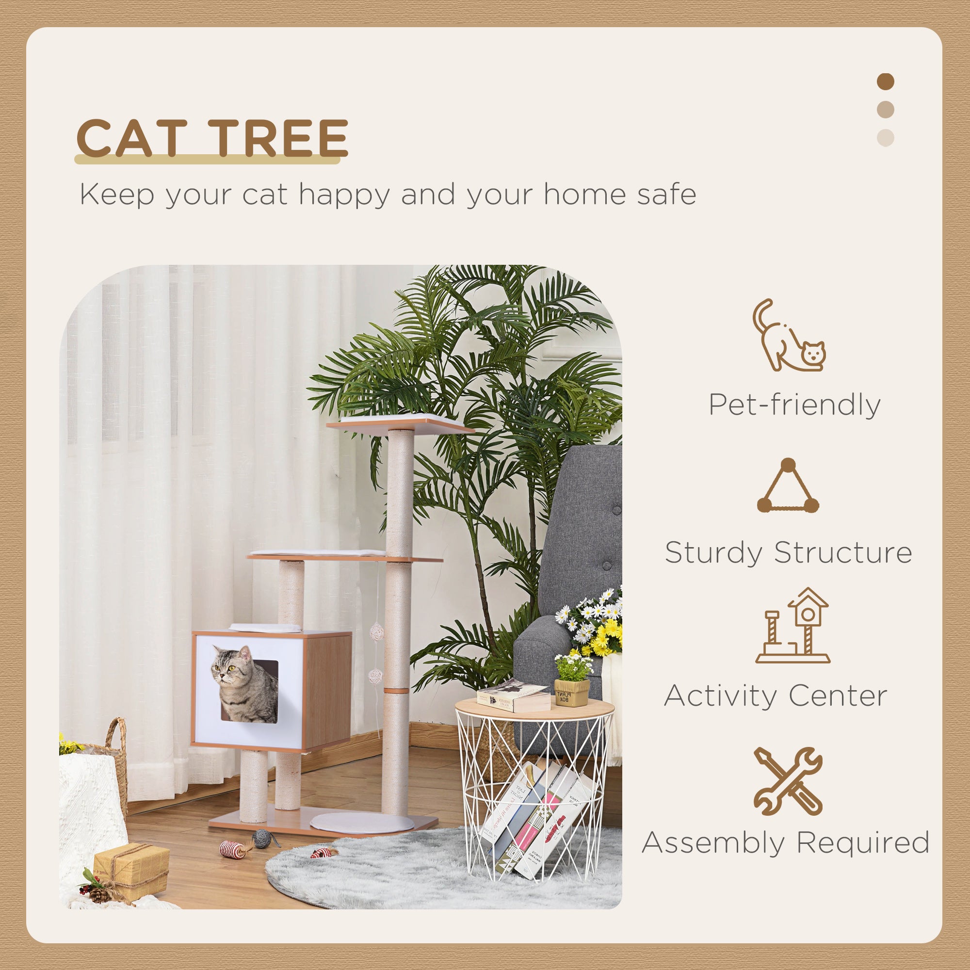 47" Wood Cat Tree, Cat Condo Tower with Scratching Post, Toy Ball, Natural Wood