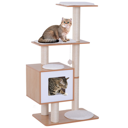 47" Wood Cat Tree, Cat Condo Tower with Scratching Post, Toy Ball, Natural Wood