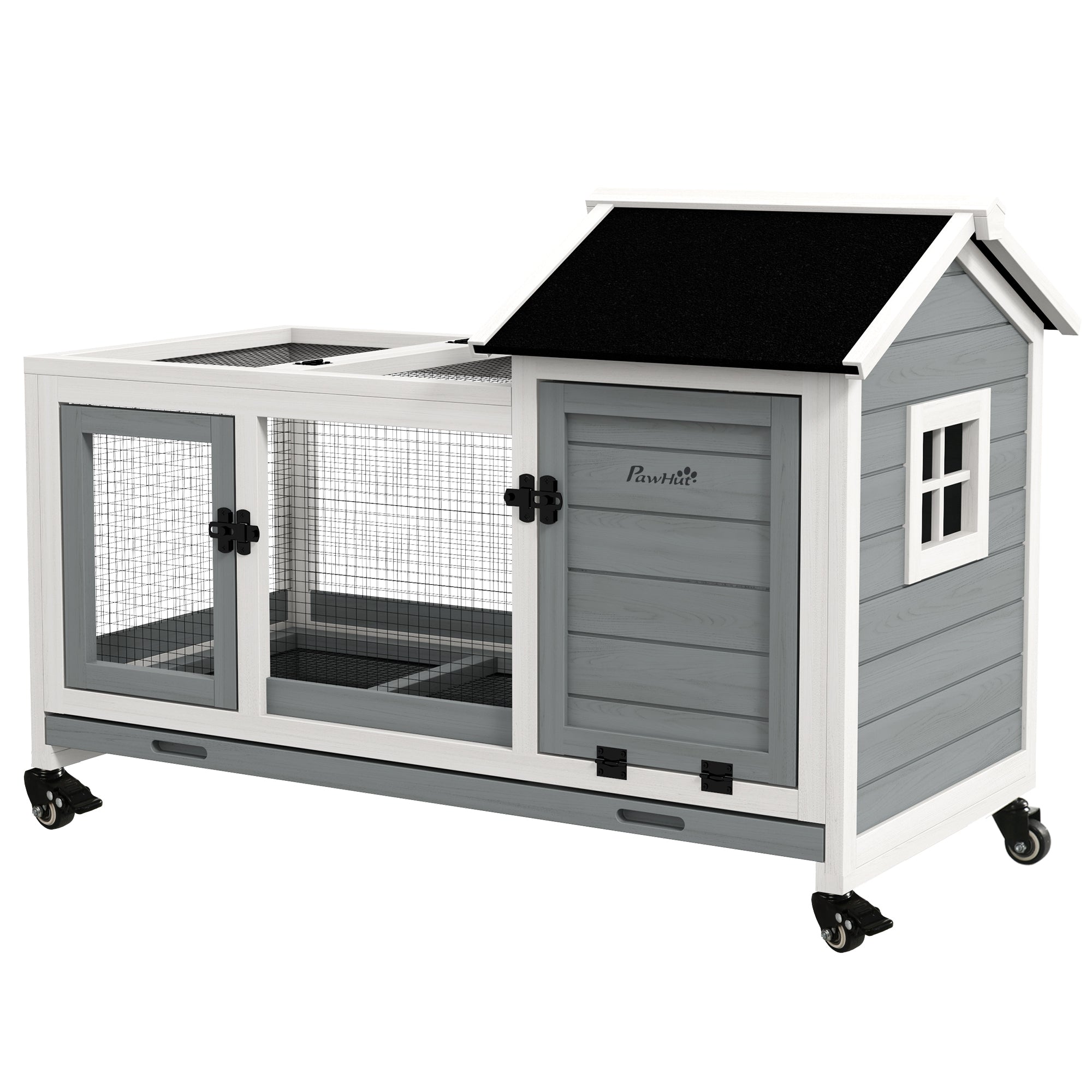 Indoor Rabbit Hutch with Wheels, Bunny Cage with Ramp, Run, Pull Out Tray, Suitable for Rabbit, Guinea Pig, Grey