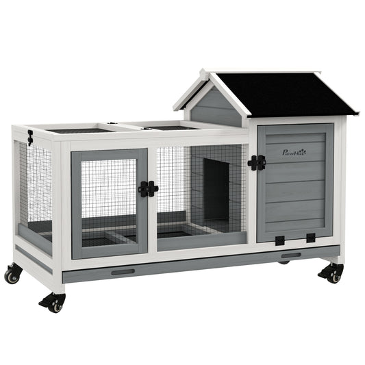 Wooden Rabbit Hutch with Wheels, Guinea Pig Cage, Small Animal House for Outdoor & Indoor with Slide-out Tray, 108 x 58 x 73.5cm, Grey