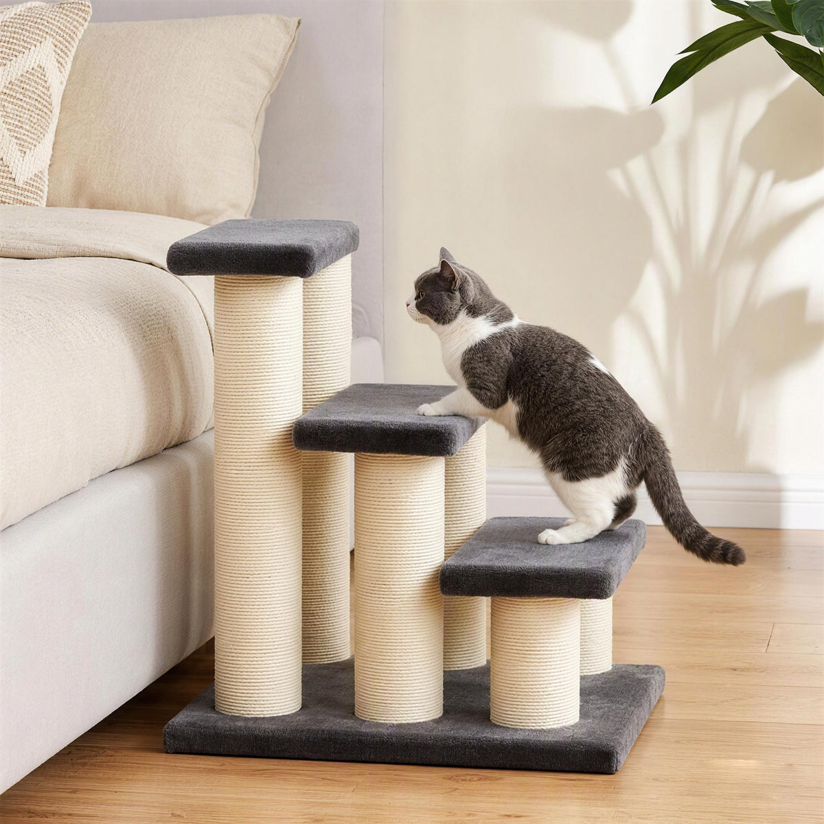 3 Tier Pet Stairs Dog Cat 3 Steps Kitty Scratching Post Cat Scratch Furniture Dark Grey