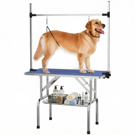42" Foldable Dog Grooming Table Adjustable Pet Cat Drying Beauty Table Rubber Top with 2 Loops Storage Basket Metal Blue