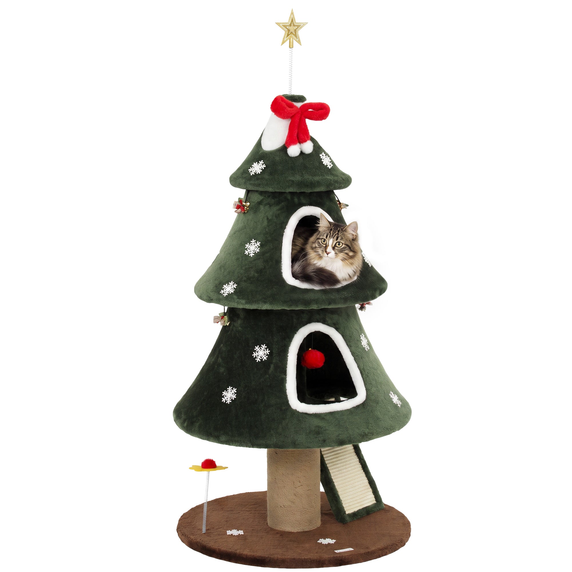 52" Christmas Cat Tree, 2-Tier Cat Tower with Dual Condos, Scratching Posts, Sisal Ladder, Anti-Tip Rope, Hanging Balls, Kitten Furniture for Indoor Cats, Green