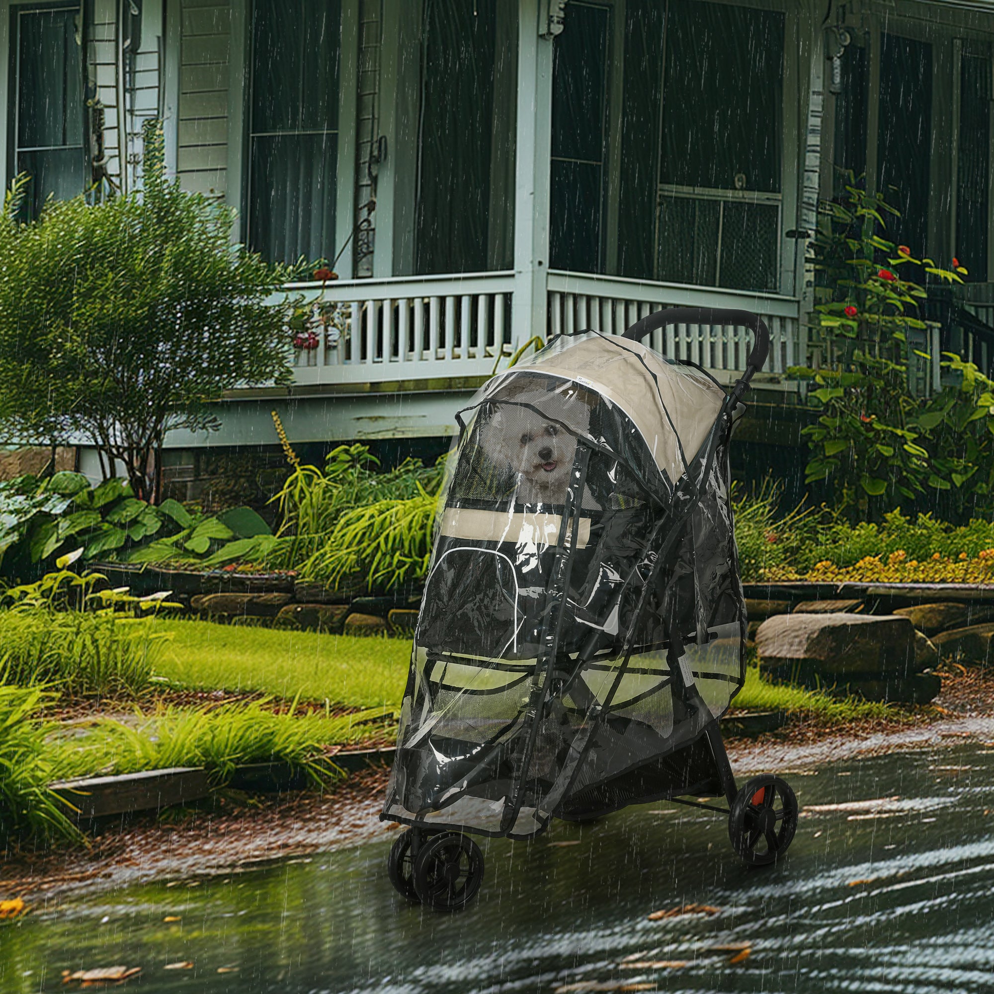 Dog Pram with Rain Cover Pet Stroller, Foldable Dog Pushchair for Small and Miniature Dogs, Cats - Khaki