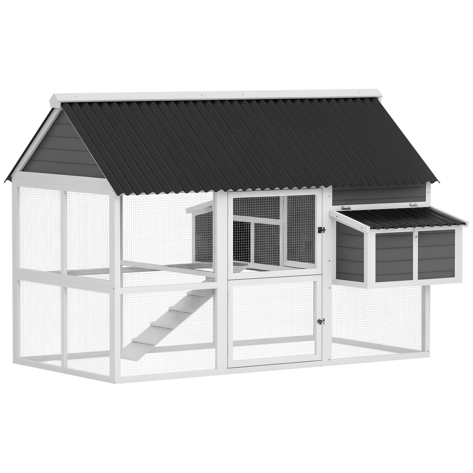 Chicken Coop with Run, Large Wooden Chicken House with 2 Nesting Boxes, 2 Roosting Bars, Ramp & Tray, Hen House Poultry Cage for 6-8 Chickens, 69" W x 84" x 59"