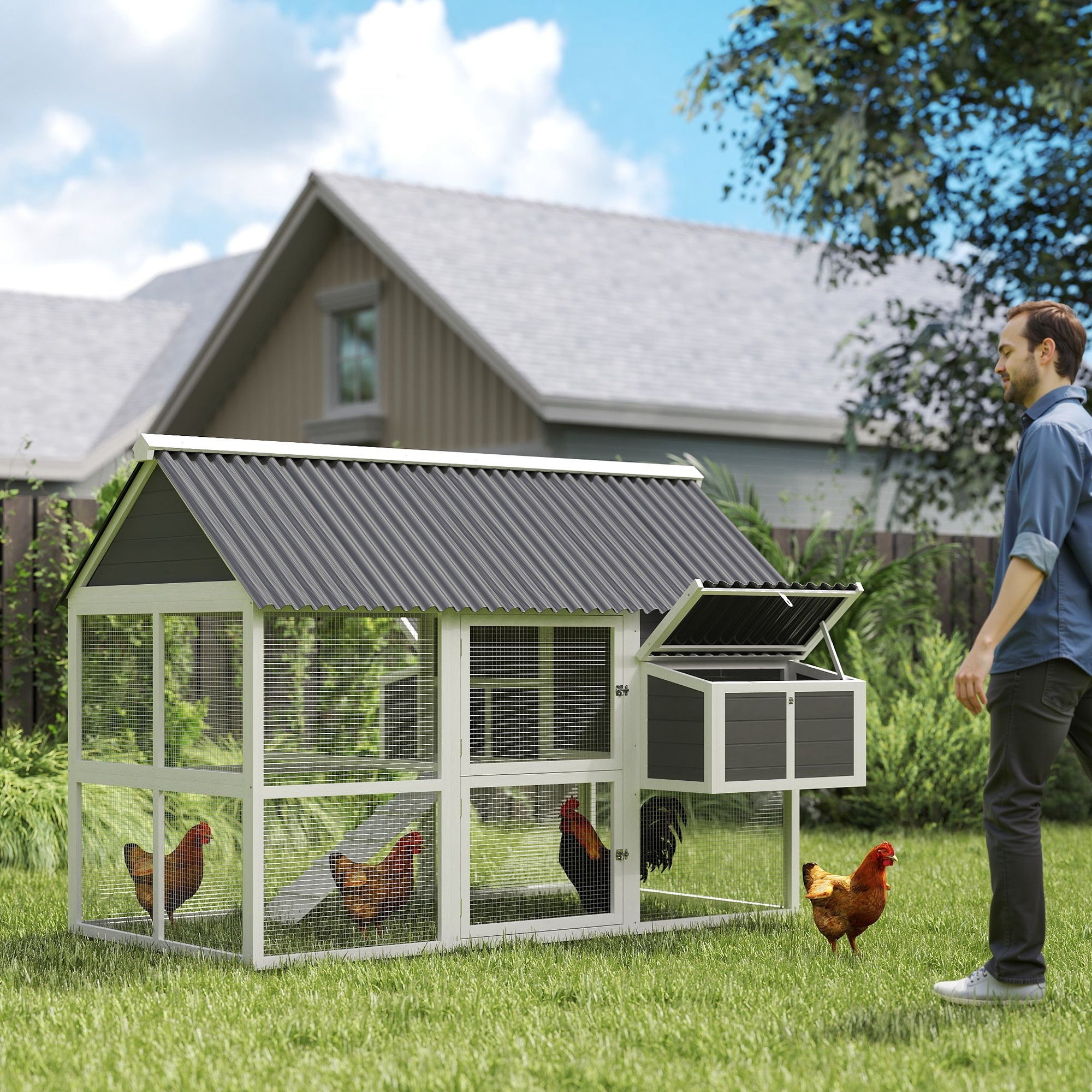 Chicken Coop with Run, Large Wooden Chicken House with 2 Nesting Boxes, 2 Roosting Bars, Ramp & Tray, Hen House Poultry Cage for 6-8 Chickens, 69" W x 84" x 59"