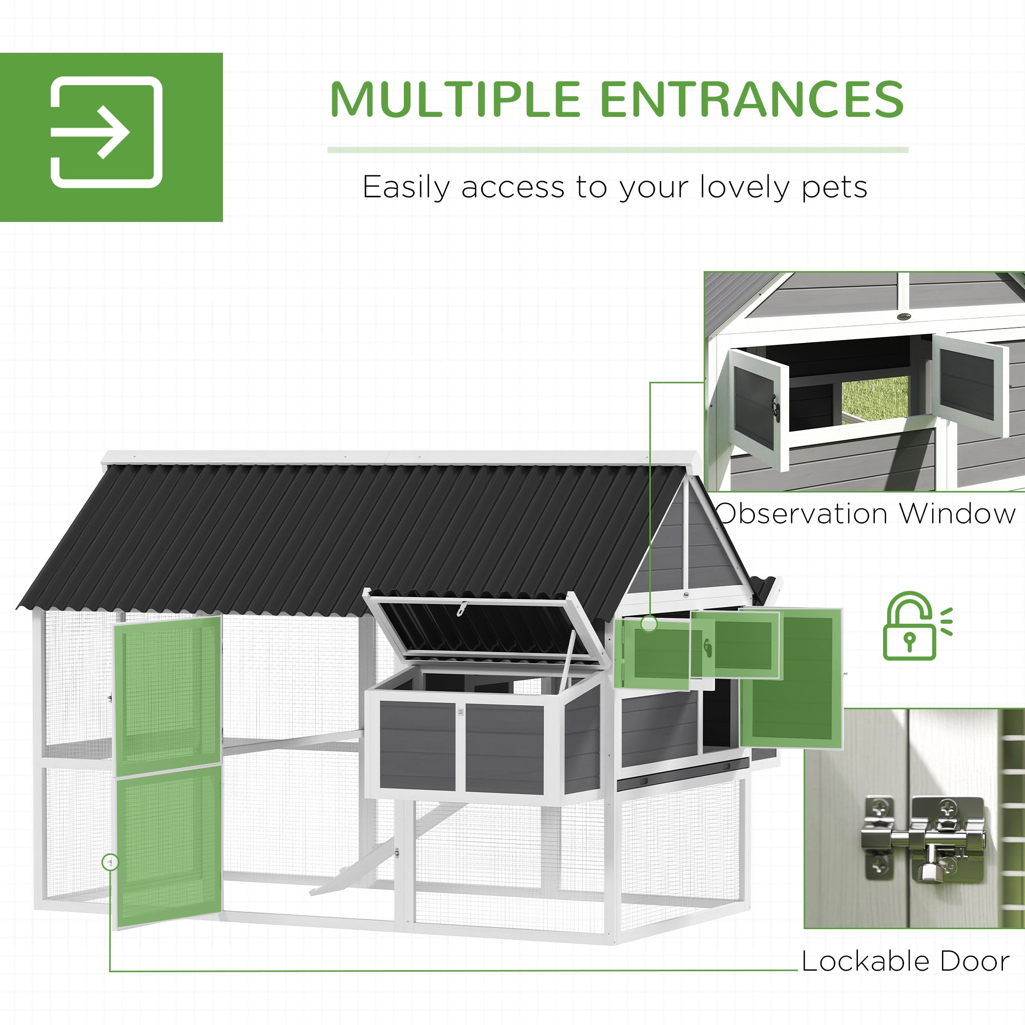 Chicken Coop with Run, Large Wooden Chicken House with 2 Nesting Boxes, 2 Roosting Bars, Ramp & Tray, Hen House Poultry Cage for 6-8 Chickens, 69" W x 84" x 59"