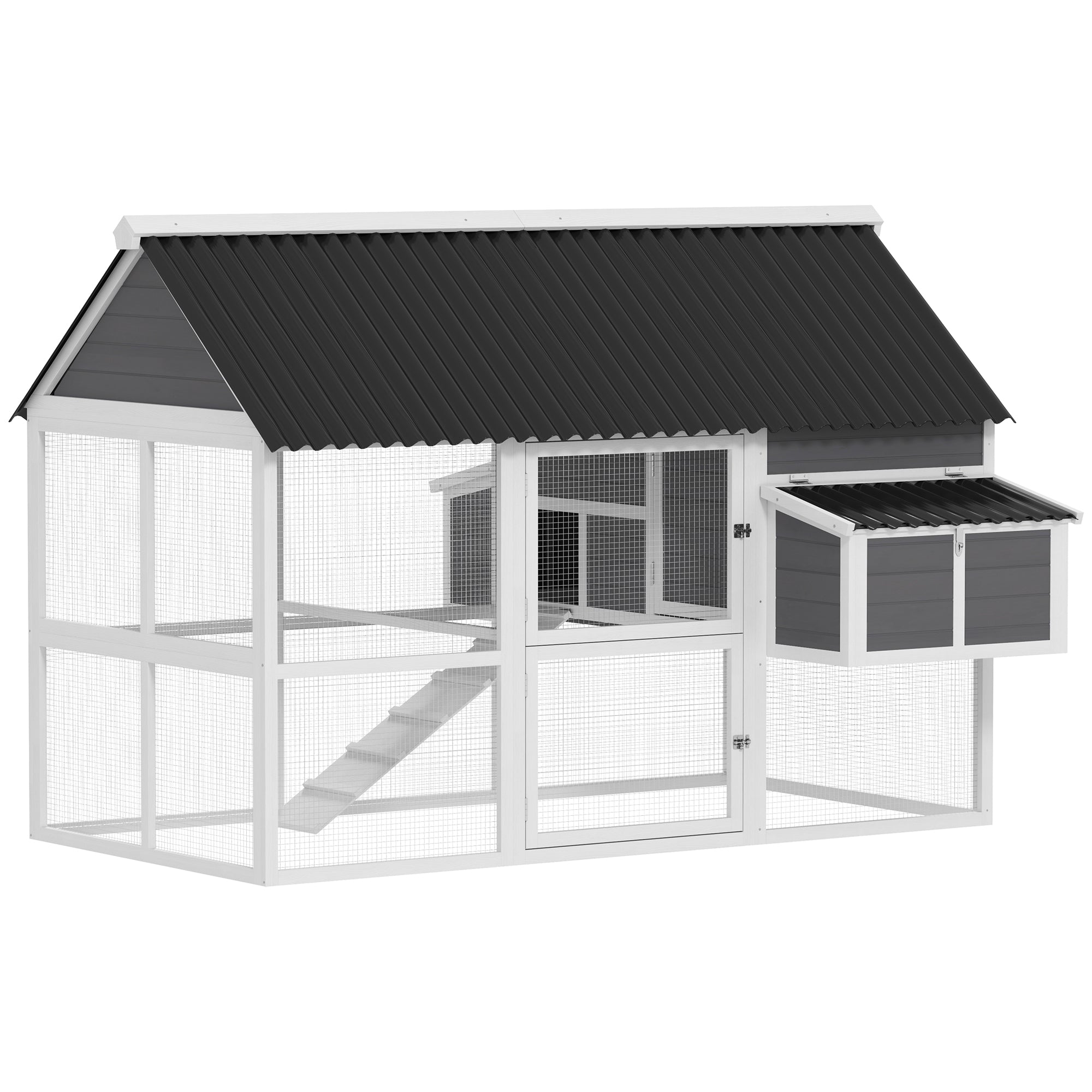 Chicken Coop with Run, Large Wooden Chicken House with 2 Nesting Boxes, 2 Roosting Bars, Ramp & Tray, Hen House Poultry Cage for 6-8 Chickens, 69" W x 84" x 59"