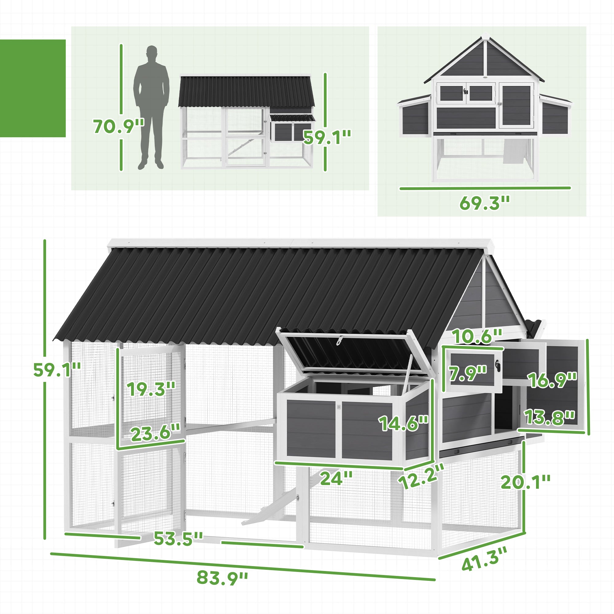 Chicken Coop with Run, Large Wooden Chicken House with 2 Nesting Boxes, 2 Roosting Bars, Ramp & Tray, Hen House Poultry Cage for 6-8 Chickens, 69" W x 84" x 59"