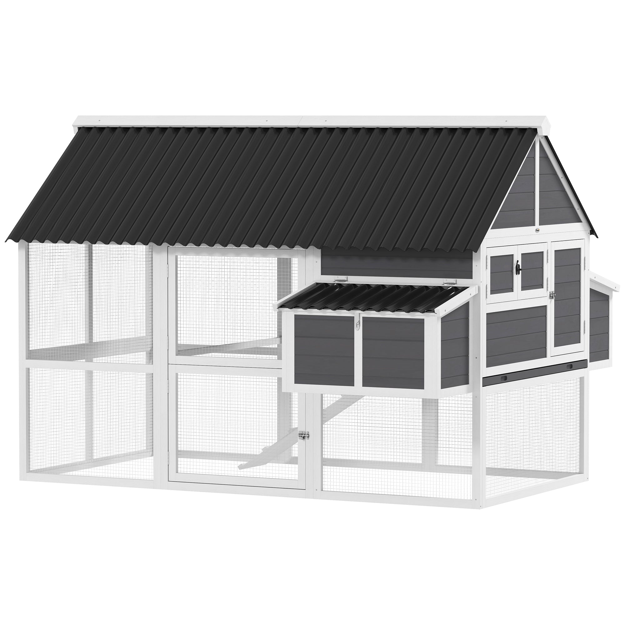 Chicken Coop with Run, Large Wooden Chicken House with 2 Nesting Boxes, 2 Roosting Bars, Ramp & Tray, Hen House Poultry Cage for 6-8 Chickens, 69" W x 84" x 59"