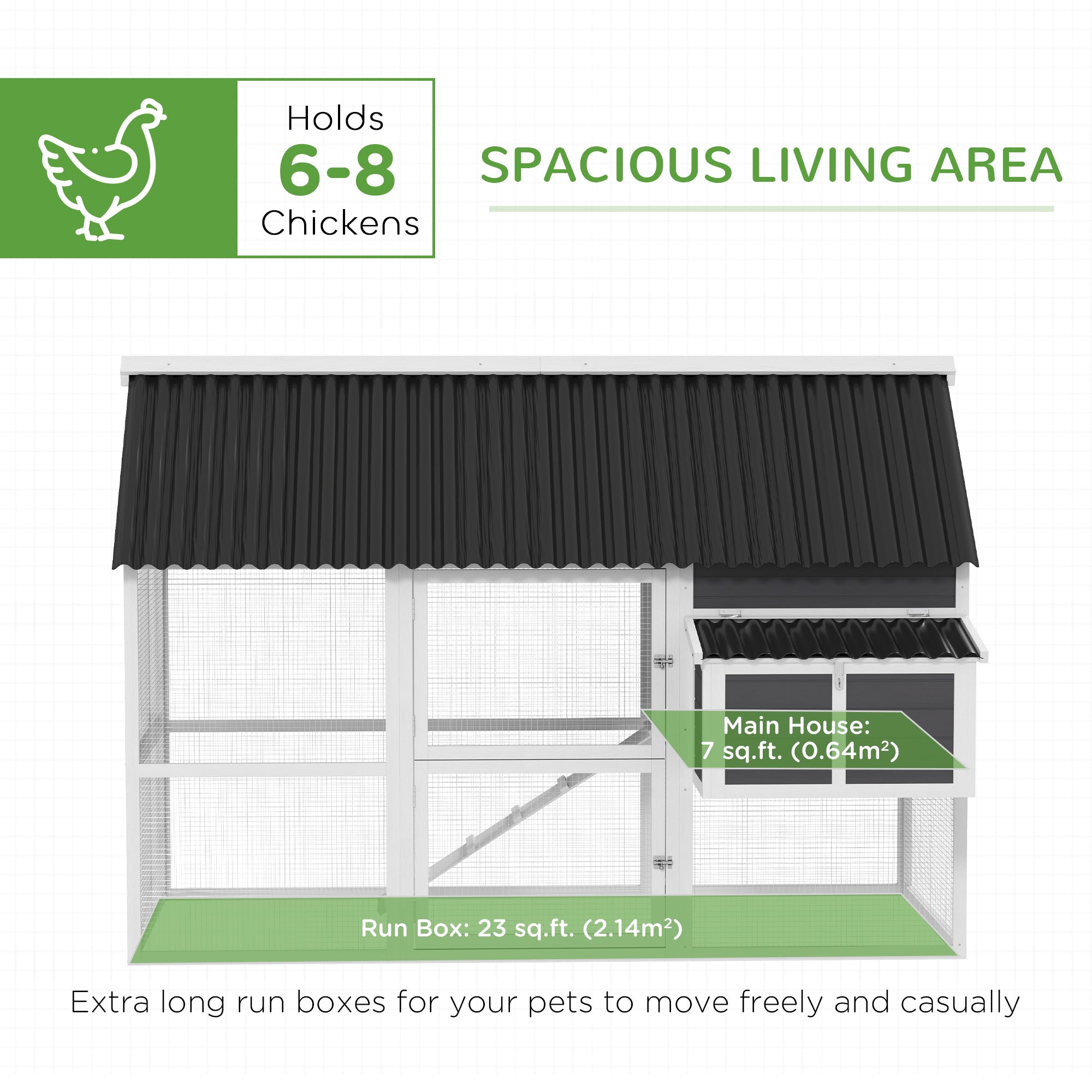 Chicken Coop with Run, Large Wooden Chicken House with 2 Nesting Boxes, 2 Roosting Bars, Ramp & Tray, Hen House Poultry Cage for 6-8 Chickens, 69" W x 84" x 59"
