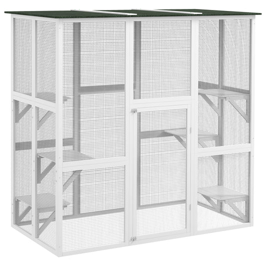 Large Outdoor Catio Enclosure, Weatherproof Cat House with Asphalt Roof,  Wooden Cat Patio Cage with 6 Balanced Platforms, 71" x 39" x 71", White