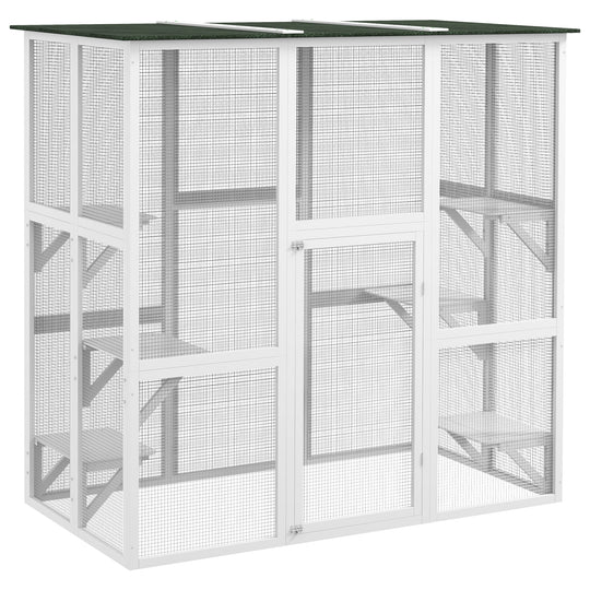 Large Outdoor Catio Enclosure, Weatherproof Cat House with Asphalt Roof,  Wooden Cat Patio Cage with 6 Balanced Platforms, 71" x 39" x 71", White