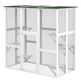 Load image into Gallery viewer, PawHut Outdoor Cat House Big Catio Wooden Feral Cat Shelter Enclosure with Large Spacious Interior, 6 High Ledges, Weather Protection Asphalt Roof, 71" L, White
