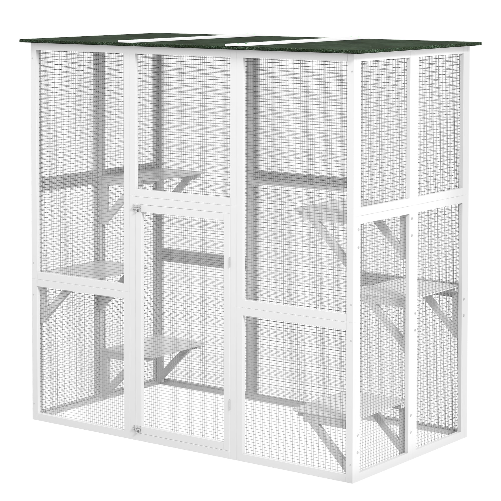 PawHut Outdoor Cat House Big Catio Wooden Feral Cat Shelter Enclosure with Large Spacious Interior, 6 High Ledges, Weather Protection Asphalt Roof, 71" L, White