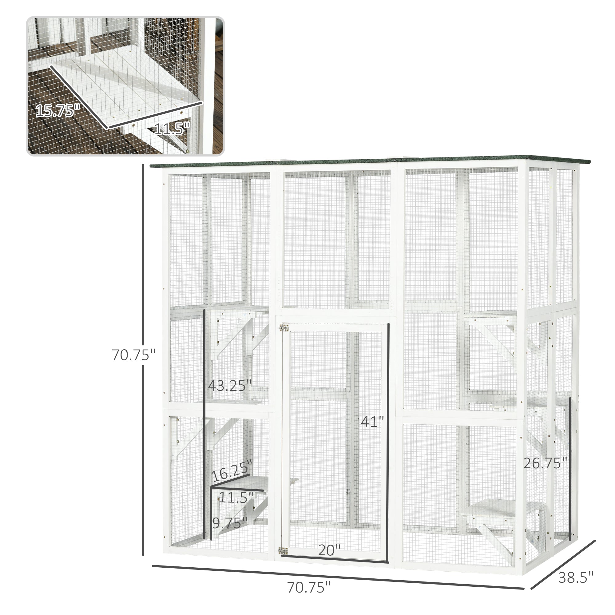PawHut Outdoor Cat House Big Catio Wooden Feral Cat Shelter Enclosure with Large Spacious Interior, 6 High Ledges, Weather Protection Asphalt Roof, 71" L, White