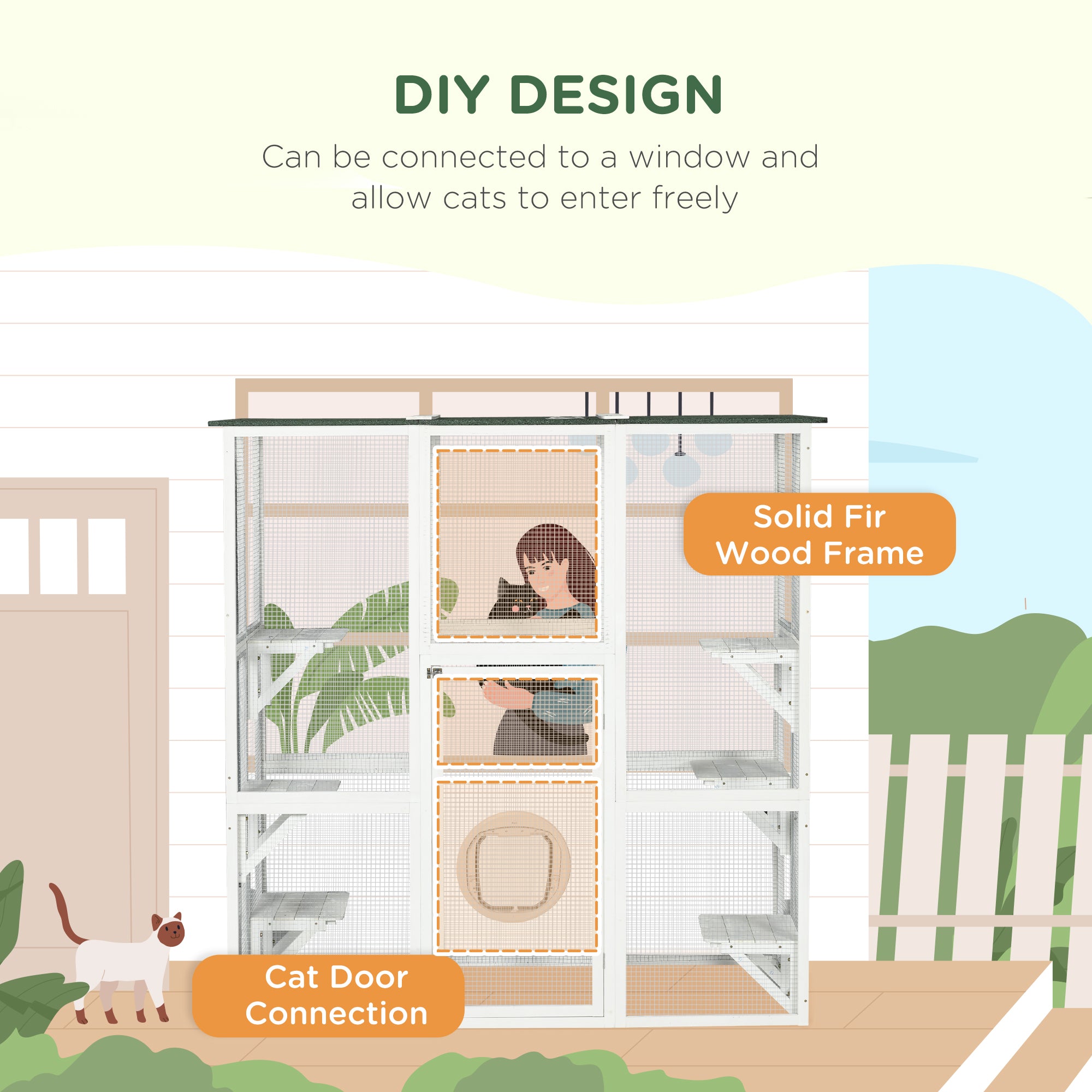 Large Outdoor Catio Enclosure, Weatherproof Cat House with Asphalt Roof,  Wooden Cat Patio Cage with 6 Balanced Platforms, 71" x 39" x 71", White