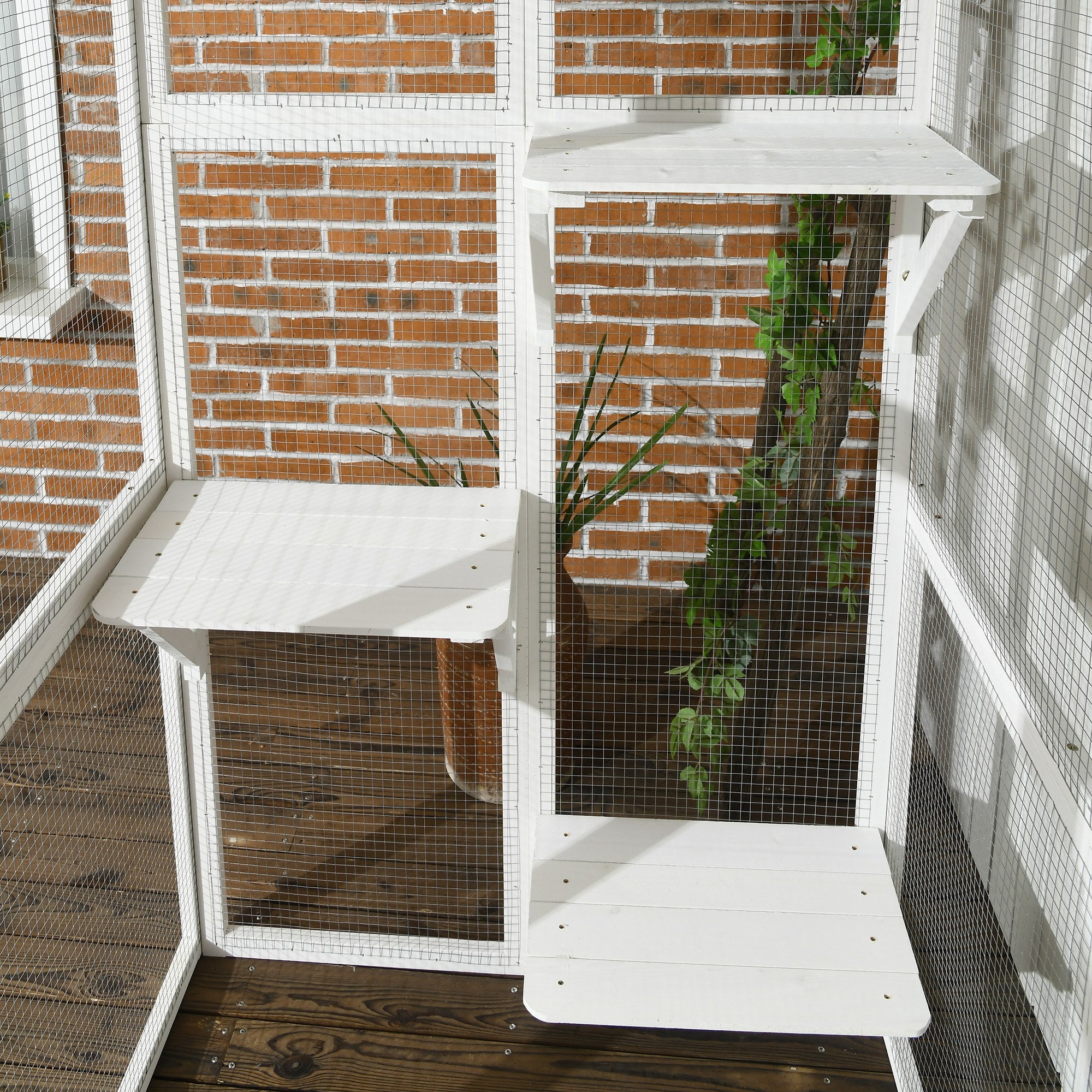 PawHut Outdoor Cat House Big Catio Wooden Feral Cat Shelter Enclosure with Large Spacious Interior, 6 High Ledges, Weather Protection Asphalt Roof, 71" L, White