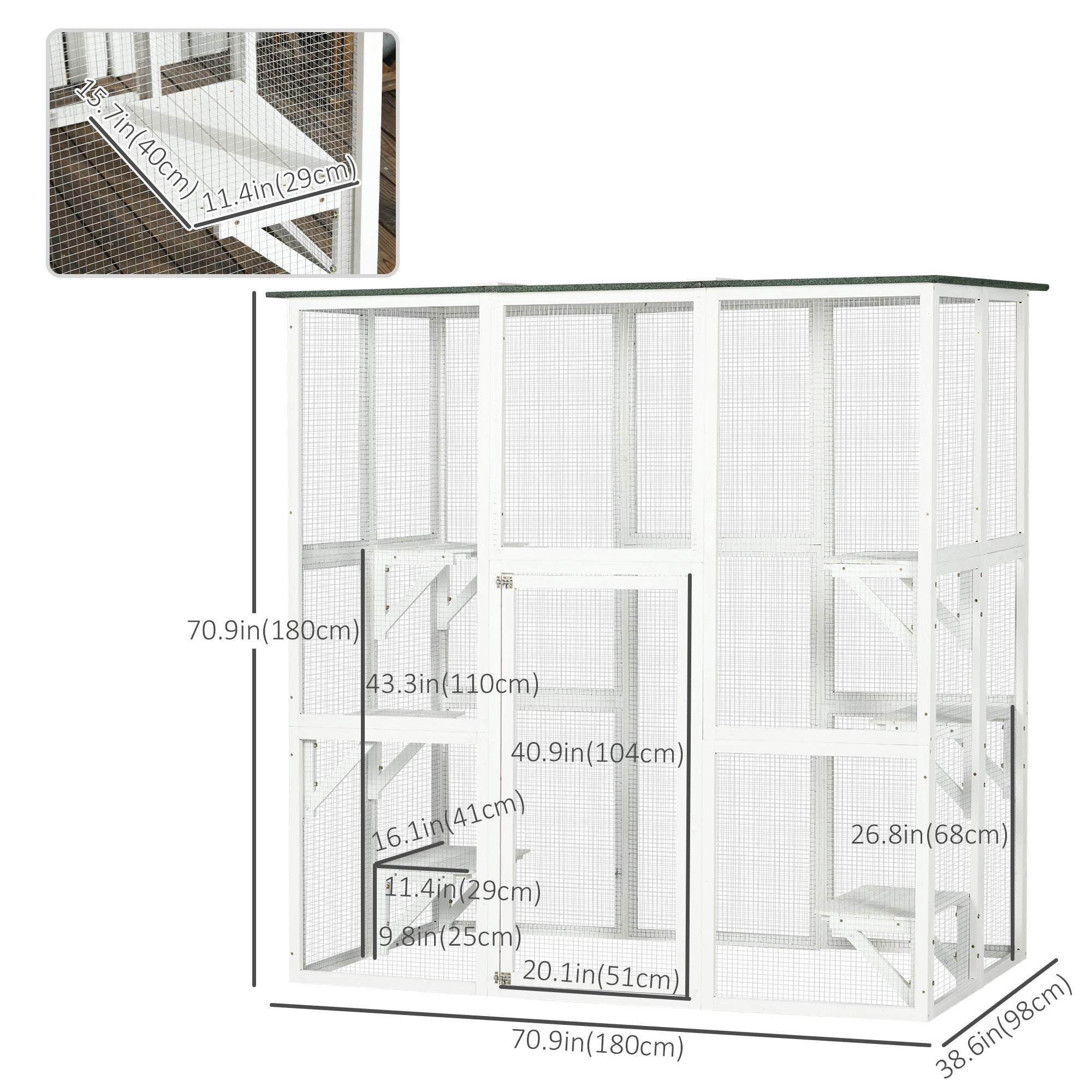 Large Outdoor Catio Enclosure, Weatherproof Cat House with Asphalt Roof,  Wooden Cat Patio Cage with 6 Balanced Platforms, 71" x 39" x 71", White