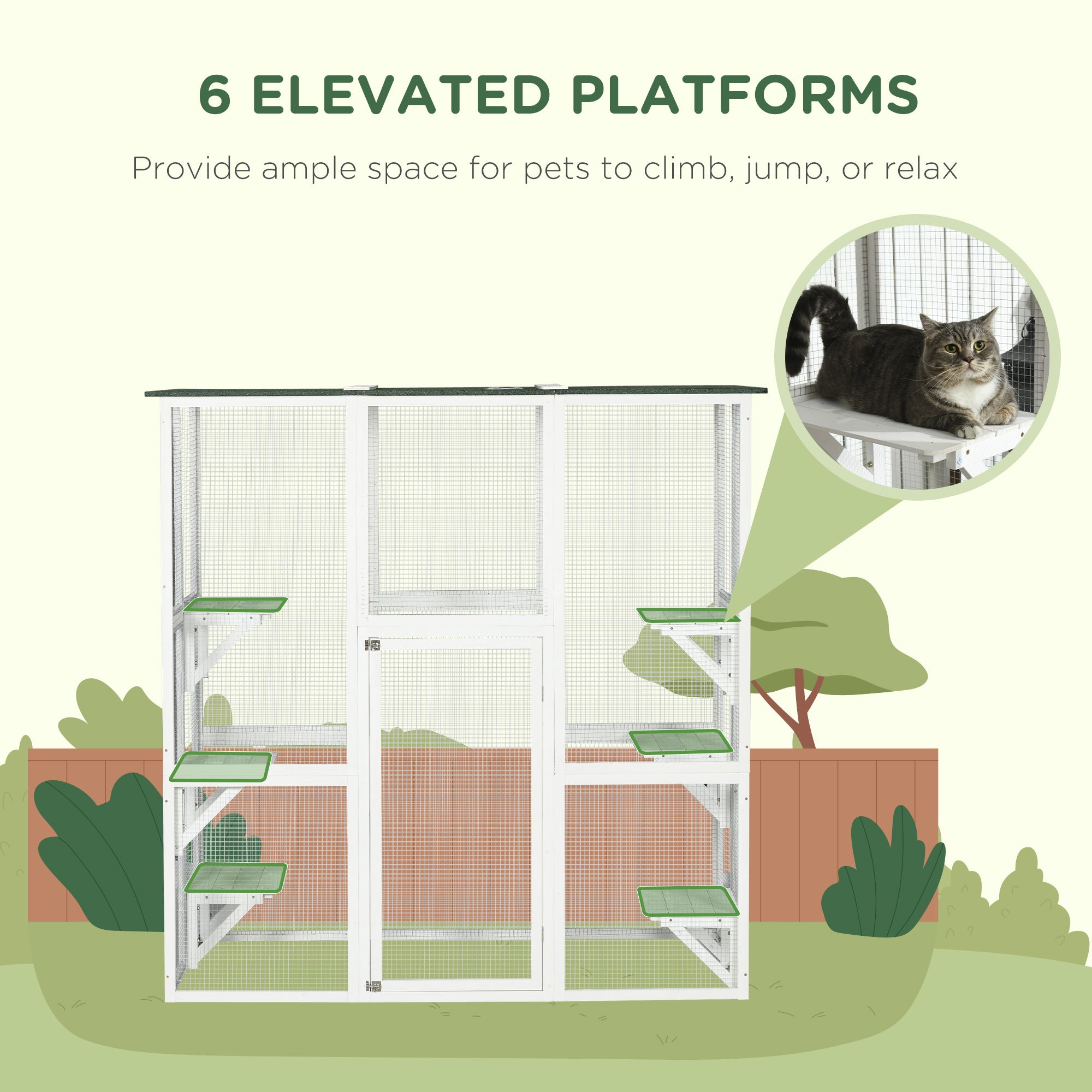 PawHut Outdoor Cat House Big Catio Wooden Feral Cat Shelter Enclosure with Large Spacious Interior, 6 High Ledges, Weather Protection Asphalt Roof, 71" L, White