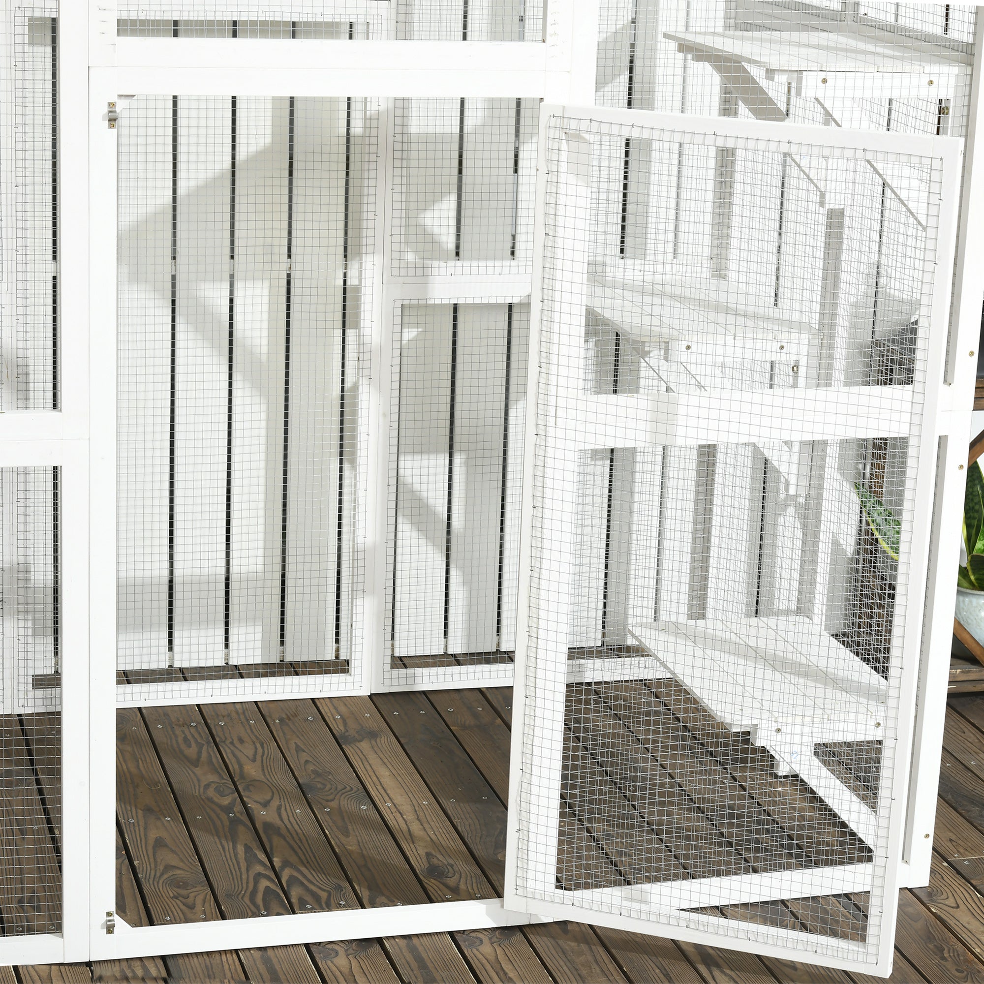 PawHut Outdoor Cat House Big Catio Wooden Feral Cat Shelter Enclosure with Large Spacious Interior, 6 High Ledges, Weather Protection Asphalt Roof, 71" L, White