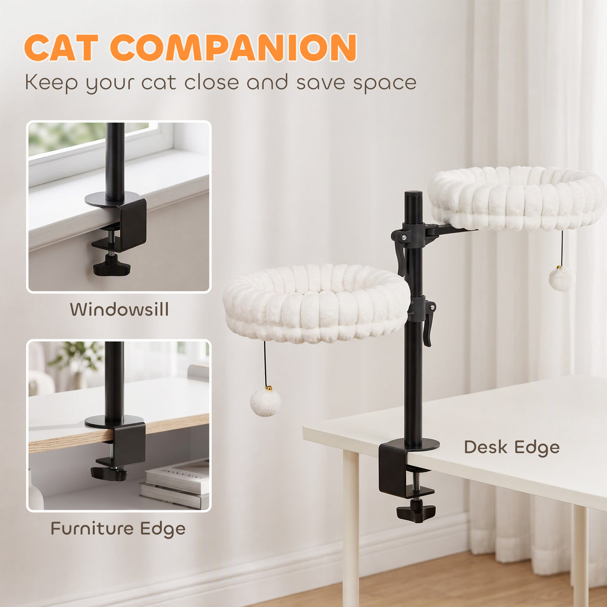 Cat Desk Bed for Indoor, Cat Hammock with 2 Removable Beds, 2 Hanging Balls for Desk, Windows, 360° Rotating & Height Adjustable, Holds Up to 24 lbs, White