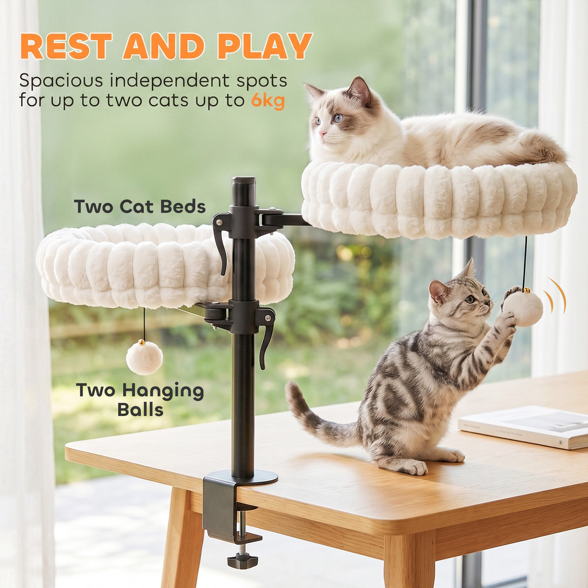 Cat Desk Bed for Indoor, Cat Hammock with 2 Removable Beds, 2 Hanging Balls for Desk, Windows, 360° Rotating & Height Adjustable, Holds Up to 24 lbs, White