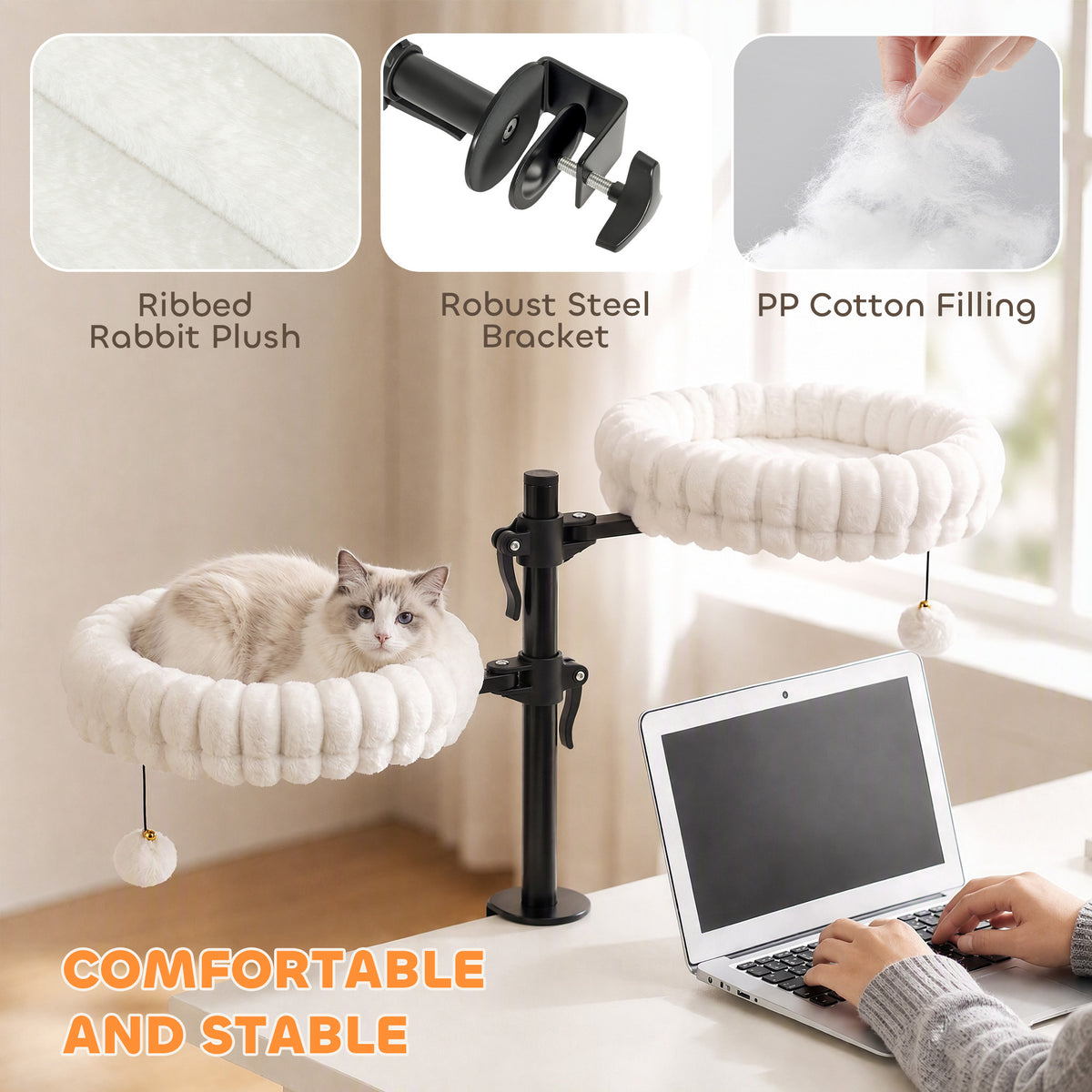 Cat Desk Bed for Indoor, Cat Hammock with 2 Removable Beds, 2 Hanging Balls for Desk, Windows, 360° Rotating & Height Adjustable, Holds Up to 24 lbs, White