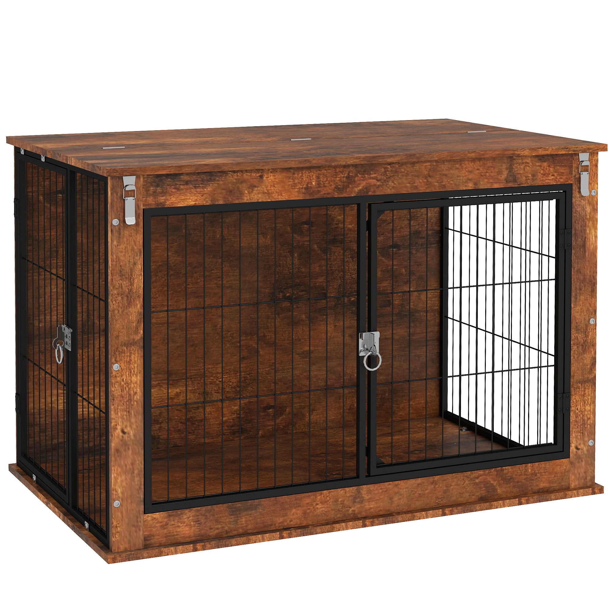 Dog Crate Furniture, Dog Cage End Table with Openable Top, Two Lockable Doors, for Large Pets, 98 x 60 x 65.5cm, Rustic Brown