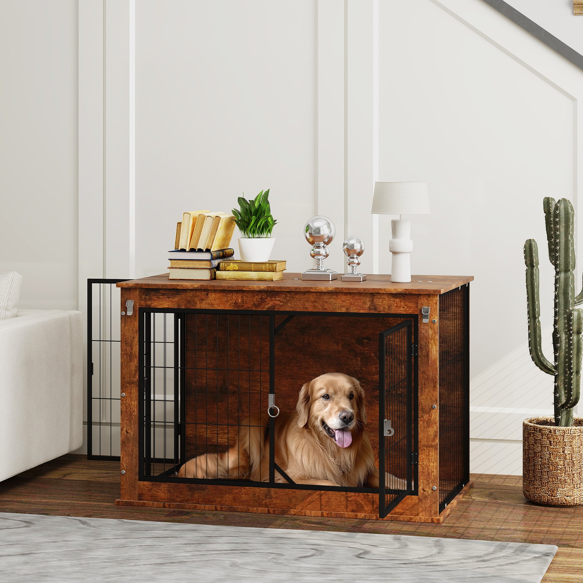 Openable Crate PawHut Dog Crate Furniture w/ Openable Top, 2 Doors, for Large Pets, 98 ...