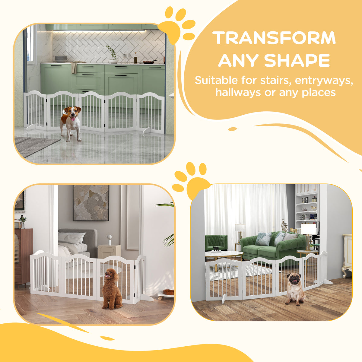24"H Foldable Dog Gate, 5 Panels Freestanding Pet Gate Barriers Indoor with Support Feet, Puppy Fence for Small Dogs, White
