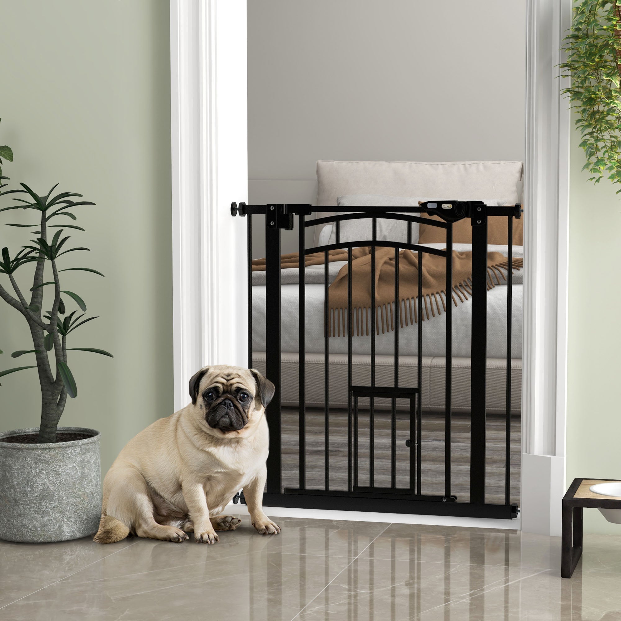 30"H Tall Dog Gate, Pet Gate with Cat Door, Auto-Close Pressure-Mounted Steel Safety Gate Barrier, Double Locking for Doorways Hallways Stairs, Fits 29"-31.5"W, Black