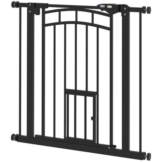 30"H Tall Dog Gate, Pet Gate with Cat Door, Auto-Close Pressure-Mounted Steel Safety Gate Barrier, Double Locking for Doorways Hallways Stairs, Fits 29"-31.5"W, Black