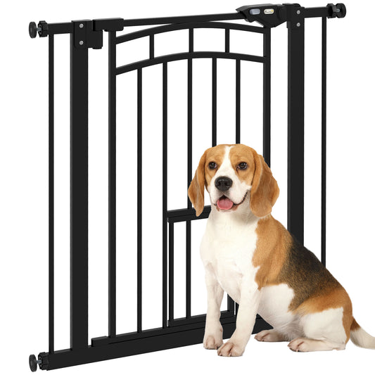 30"H Tall Dog Gate, Pet Gate with Cat Door, Auto-Close Pressure-Mounted Steel Safety Gate Barrier, Double Locking for Doorways Hallways Stairs, Fits 29"-31.5"W, Black
