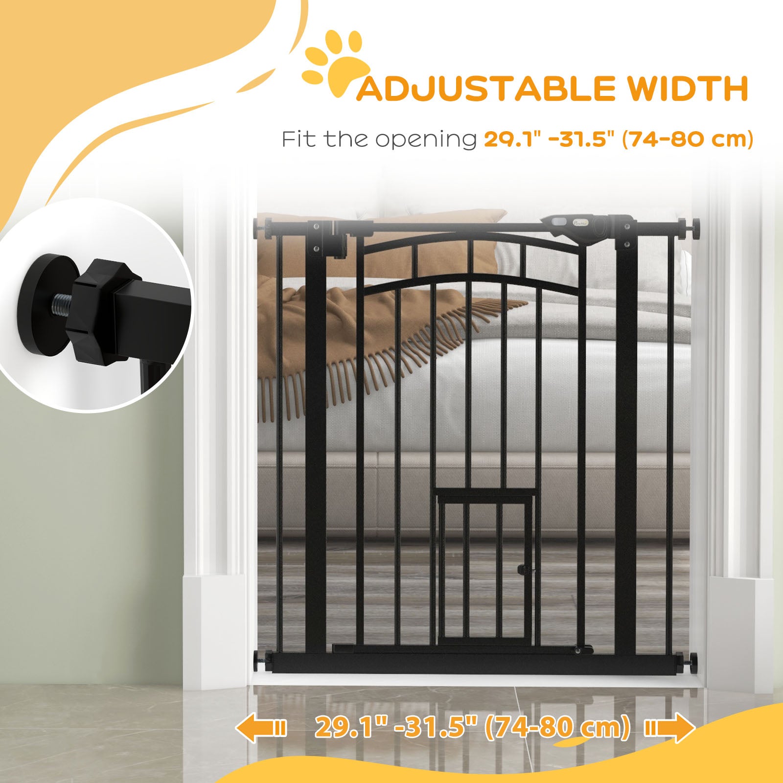 30"H Tall Dog Gate, Pet Gate with Cat Door, Auto-Close Pressure-Mounted Steel Safety Gate Barrier, Double Locking for Doorways Hallways Stairs, Fits 29"-31.5"W, Black