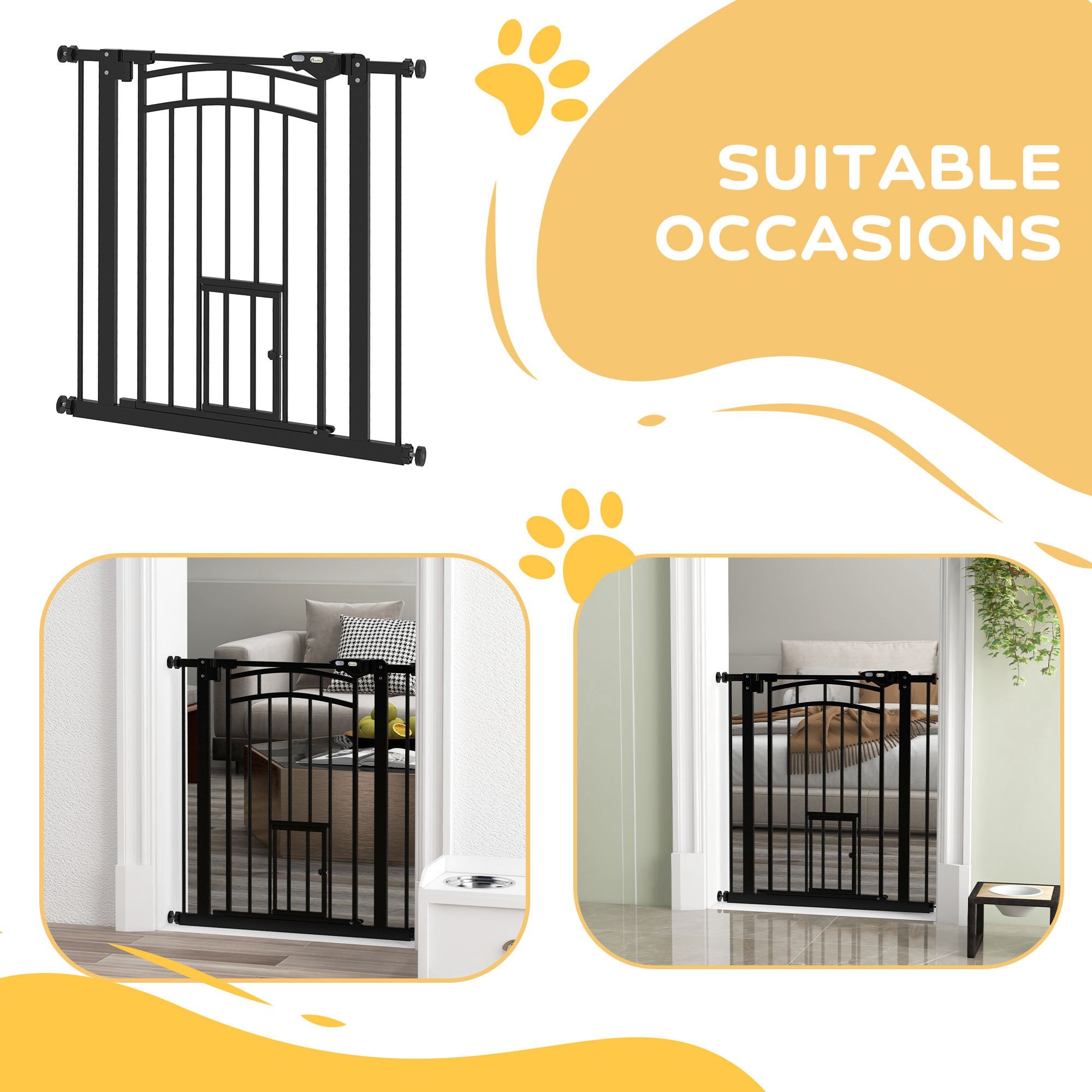30"H Tall Dog Gate, Pet Gate with Cat Door, Auto-Close Pressure-Mounted Steel Safety Gate Barrier, Double Locking for Doorways Hallways Stairs, Fits 29"-31.5"W, Black