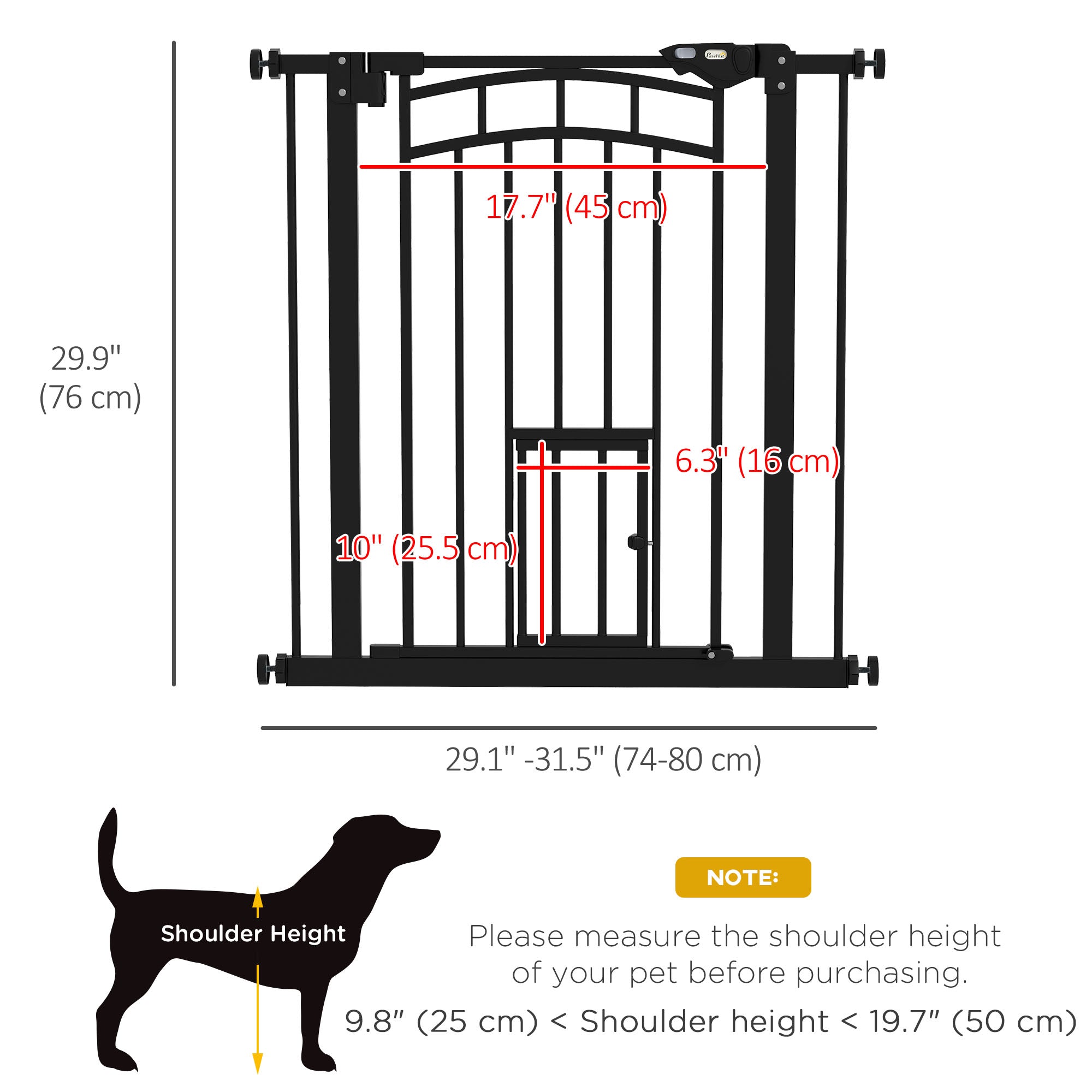 30"H Tall Dog Gate, Pet Gate with Cat Door, Auto-Close Pressure-Mounted Steel Safety Gate Barrier, Double Locking for Doorways Hallways Stairs, Fits 29"-31.5"W, Black