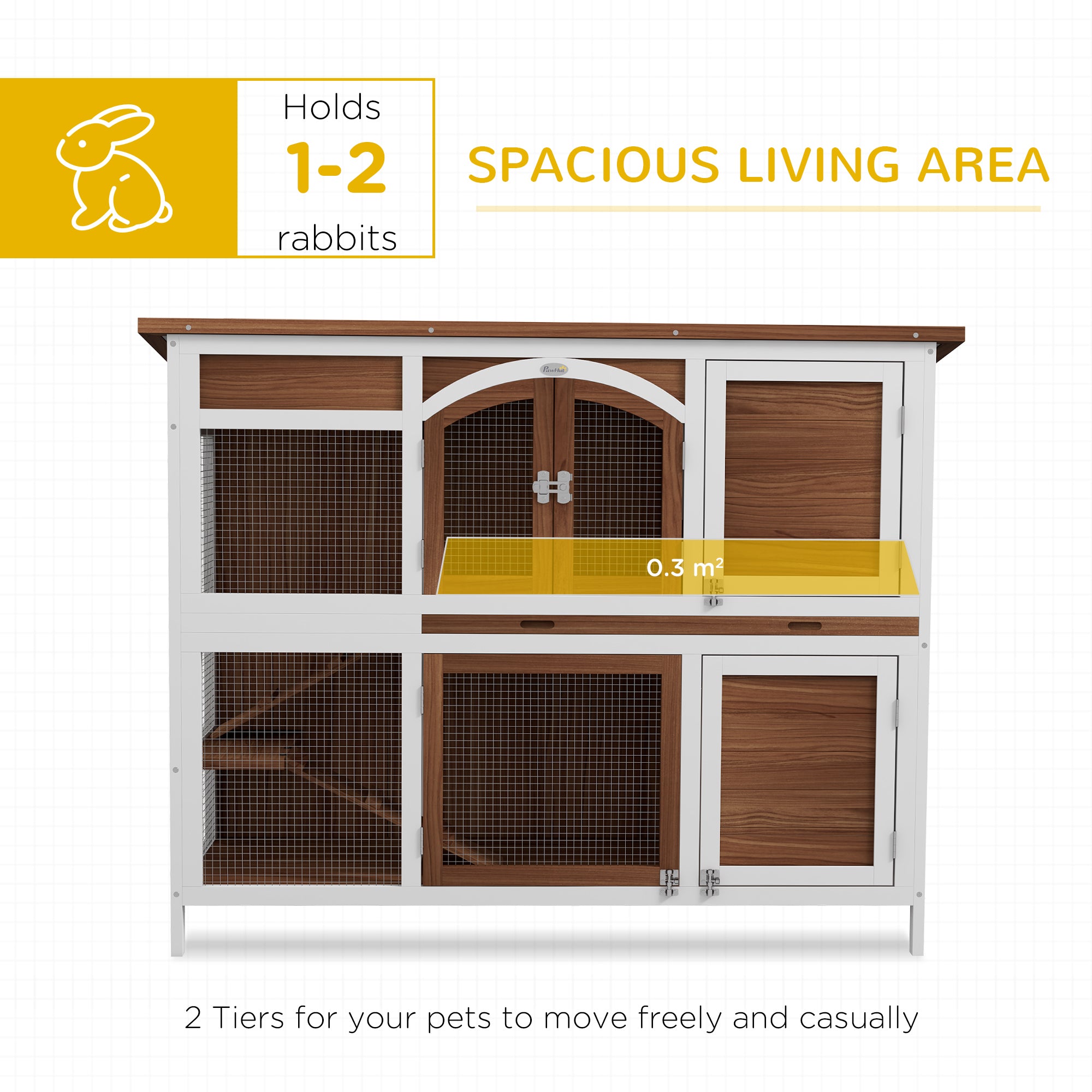 49"L Wooden Rabbit Hutch, Two Story Bunny Cage with Ramp, Divider, Indoor Outdoor Guinea Pig Cage with Openable Roof and Slide-Out Tray, Brown