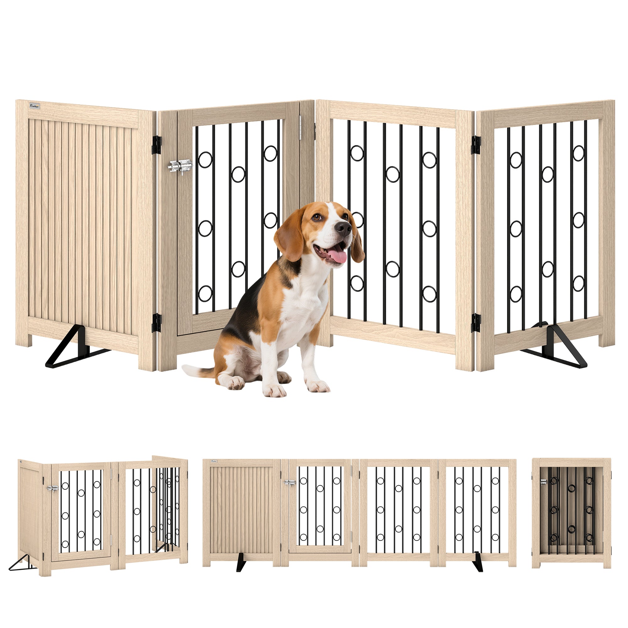 Freestanding Pet Gate, Foldable Dog Gate with Lockable Door, Support Feet & 360° Flexible Hinges, 4 Panel Indoor Safety Dog Barrier for House, Stairs, Doorway, 205 x 30.5 x 70 cm, Oak