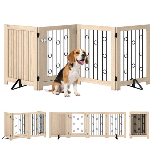 Freestanding Dog Gate, Wooden Foldable Pet Gate with 4 Panels, Walk-Through Door, Support Feet, Non-Slip Mats, Dog Safety Fence for Doorways, Stairs and Hallways, Oak
