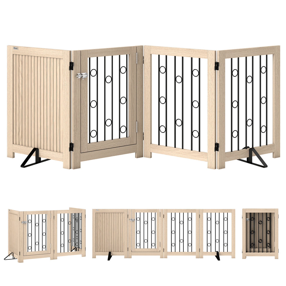 Freestanding Dog Gate, Wooden Foldable Pet Gate with 4 Panels, Walk-Through Door, Support Feet, Non-Slip Mats, Dog Safety Fence for Doorways, Stairs and Hallways, Oak