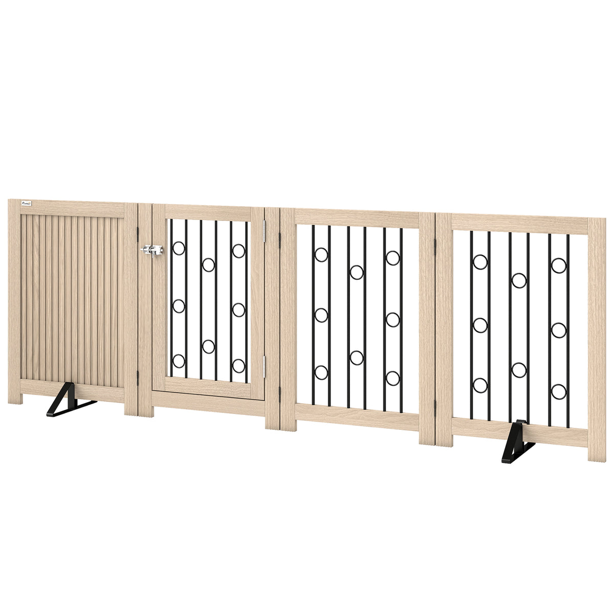 Freestanding Dog Gate, Wooden Foldable Pet Gate with 4 Panels, Walk-Through Door, Support Feet, Non-Slip Mats, Dog Safety Fence for Doorways, Stairs and Hallways, Oak