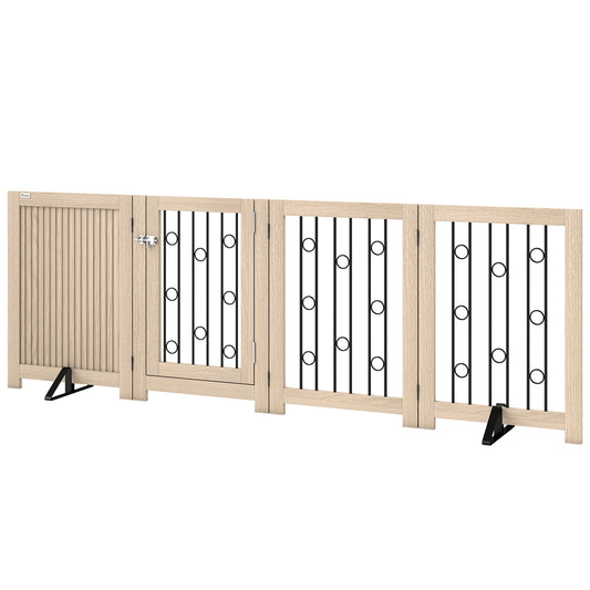 Freestanding Dog Gate, Wooden Foldable Pet Gate with 4 Panels, Walk-Through Door, Support Feet, Non-Slip Mats, Dog Safety Fence for Doorways, Stairs and Hallways, Oak
