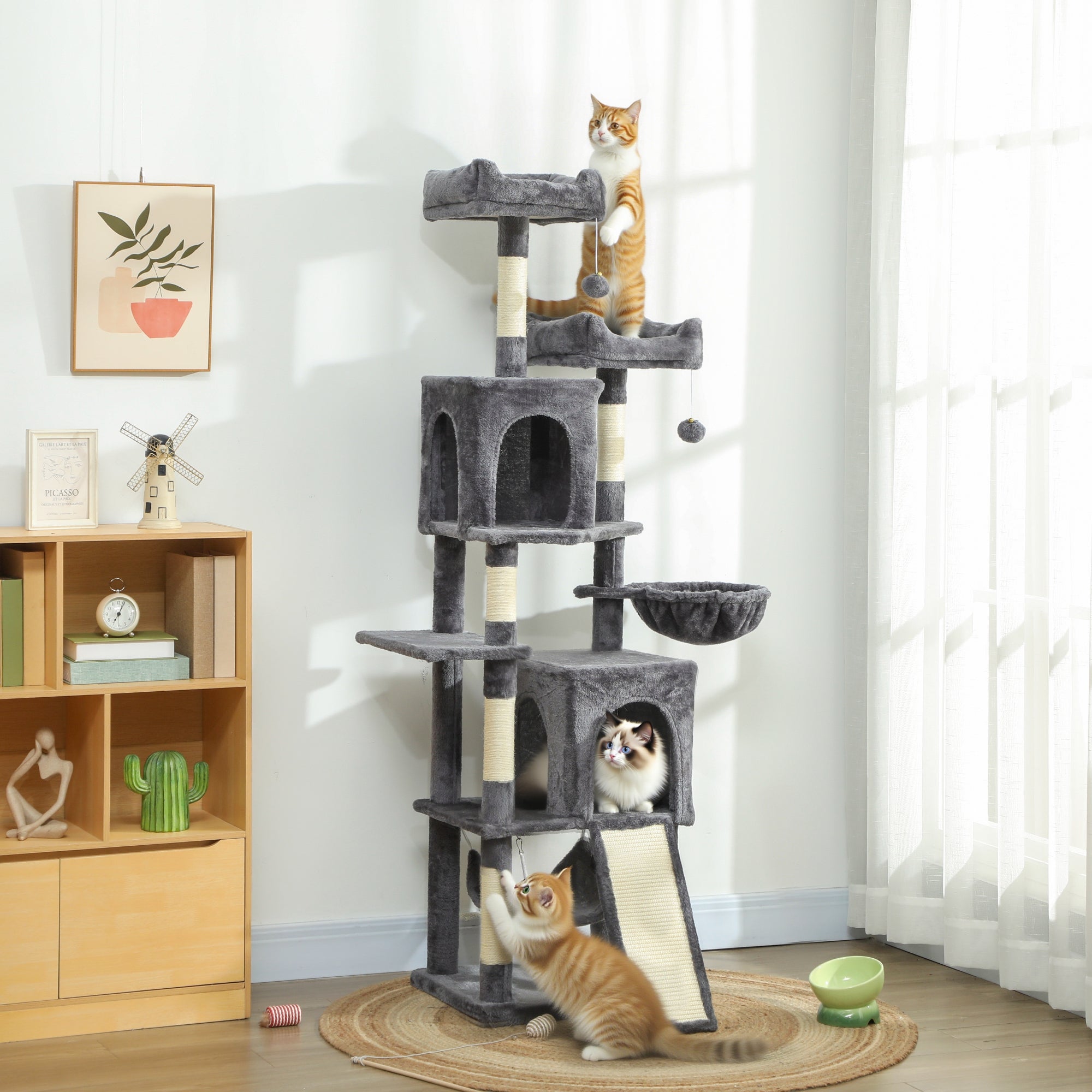 Cat Tree, 70" Multi-Level Cat Tower for Indoor with 2 Condos, 2 Plush Top Perches, Hammock, Platforms, Toy Balls, Sisal Scratching Posts and Board, Dark Grey