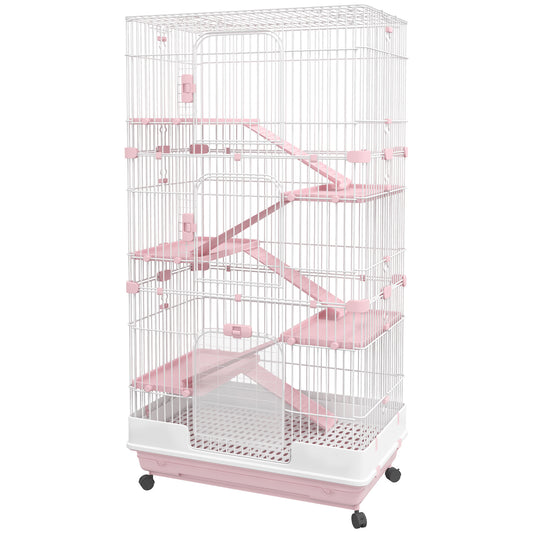 63"H 6-Level Small Animal Cage Rabbit Hutch with Universal Lockable Wheels, Slide-out Tray for Bunny, Chinchillas, Ferret, Pink